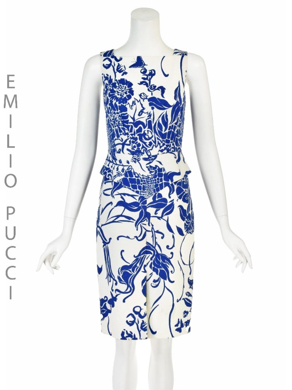 EMILIO PUCCI by Peter Dundas, c. 2013 Blue & White Embossed Cotton Peplum Dress
